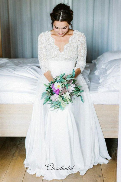 V-neck Lace Mid Sleeves Wedding Dresses, Popular Lace Wedding Dresses