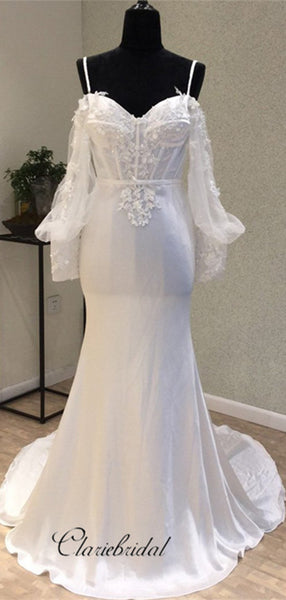 Long Sleeves Cheap Spaghetti Strap Mermaid Sexy Backless Wedding Dresses