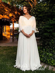 V-neck Long Sleeves Chiffon Lace Boho Wedding Dresses
