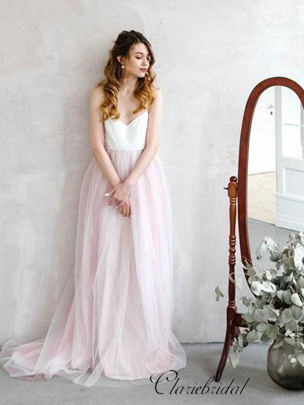 Spaghetti Boho Simple Pale Pink Tulle Wedding Dresses