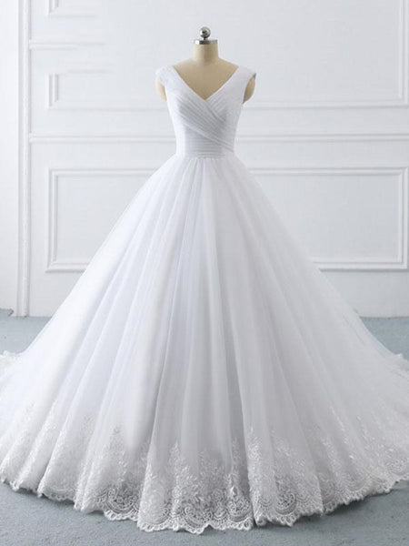 V-neck A-line White Tulle Lace Wedding Dresses, Bridal Gown