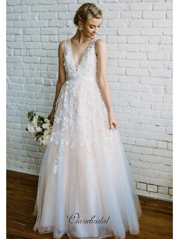 Fancy A-line Wedding Dresses, Appliques Elegant Bridal Gowns, V-neck Wedding Dresses