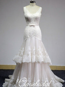 V-neck Long Mermaid Lace Tulle Elegant Wedding Dresses