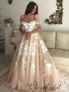 Off Shoulder Champagne Tulle Lace Prom Dresses, Wedding Dresses, Bridal Gown