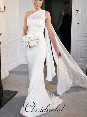 One Shoulder Chiffon Mermaid Bridal Gown, Long Wedding Dresses, Wedding Dresses