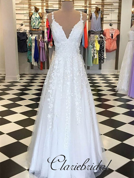 V-neck Lace Tulle Long Wedding Dresses, Prom Dresses