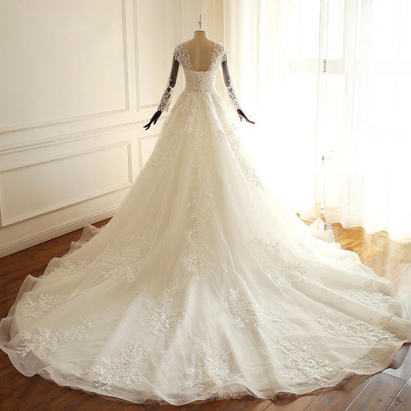 Luxury Long Sleeves Lace Appliques Tulle Wedding Dresses