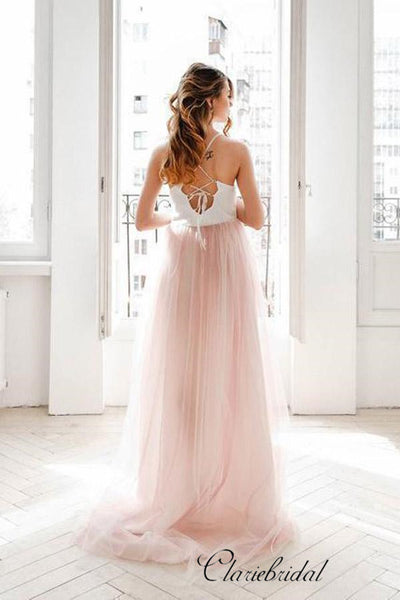 Spaghetti Boho Simple Pale Pink Tulle Wedding Dresses