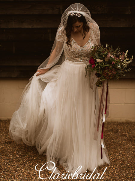 Cap Sleeves A-line Beaded Tulle Gorgeous Long Wedding Dresses