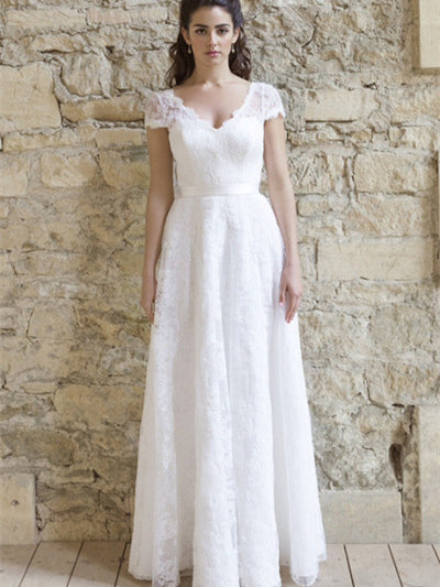V-neck Cap Sleeves A-line Lace Wedding Dresses, Bridal Gown