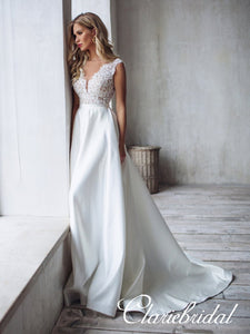 Lace Top Satin Skirt Long A-line Wedding Dresses, Bridal Gown