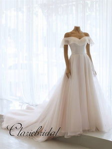 Off Shoulder Simple Chiffon Wedding Dresses, Long Bridal Gown, Wedding Dresses