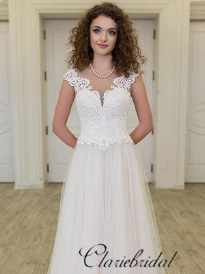Elegant Lace Top A-line Ivory Tulle Long Wedding Dresses, Bridal Gown
