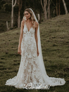 V-neck Lace Long Mermaid Country Wedding Dresses
