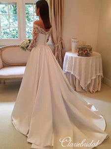 Off Shoulder Long A-line Lace Stain Elegant Wedding Dresses
