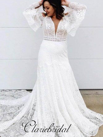 Boho Mermaid Lace Wedding Dresses, Long Wedding Dresses