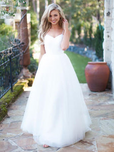 Spaghetti Long A-line Ivory Tulle Wedding Dresses, Bridal Gown