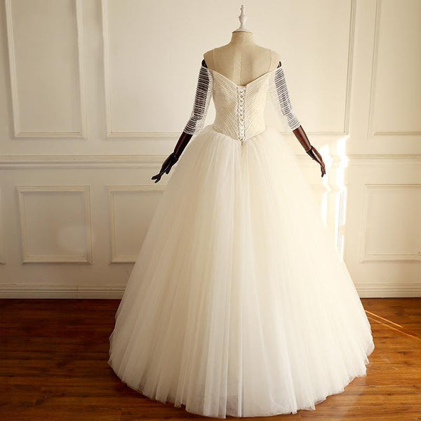 Half Sleeves Long A-line Tulle Beaded Wedding Dresses