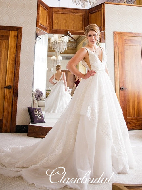 V-neck A-line Elegant Lace Tulle Long Wedding Dresses, Bridal Gown