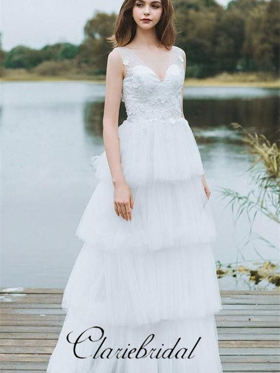 V-neck Fluffy Tulle Lace A-line Off White Long Wedding Dresses