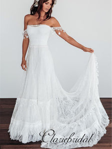 Boho Lace A-line Half Sleeves Off-the-Shoulder Beach Wedding