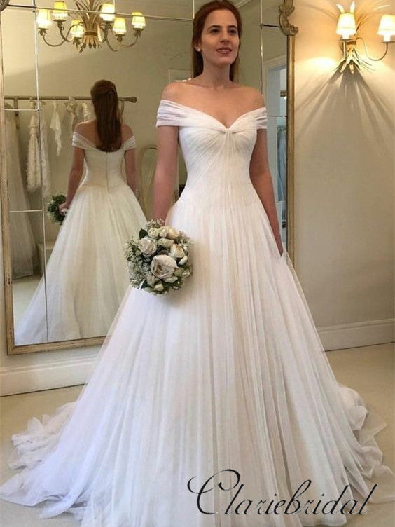 Off Shoulder A-line Simple Tulle Wedding Dresses, Long Wedding Dresses