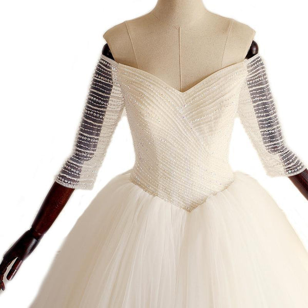 Half Sleeves Long A-line Tulle Beaded Wedding Dresses