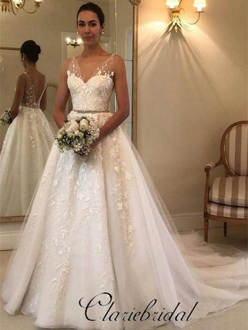 V-neck A-line Lace Tulle Wedding Dresses, Long Bridal Gown