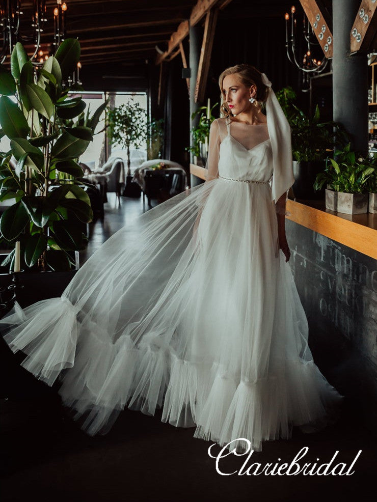 Gorgeous Ivory Tulle Long A-line Wedding Dresses, Bridal Gown