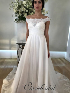 Off Shoulder Lace Tulle A-line Wedding Dresses, Lovely Train Wedding Dresses