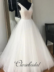 V-neck Beaded Tulle A-line Wedding Dresses, Long Wedding Dresses