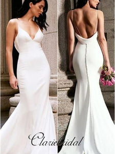Simple V-neck Ivory Jersey Long Wedding Dresses, Mermaid Wedding Dresses