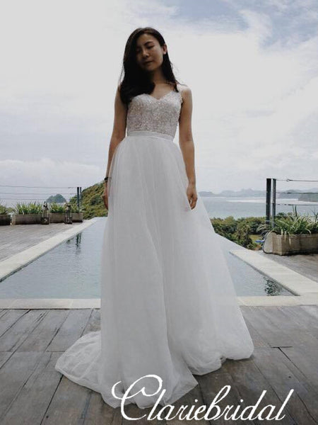 Simple V-neck A-line Beaded Top Tulle Wedding Dresses, Bridal Gown