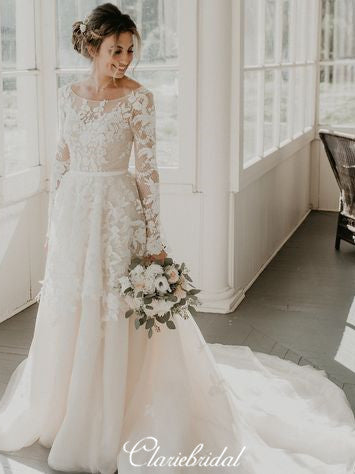 Long Sleeves A-line Lace Tulle Country Wedding Dresses