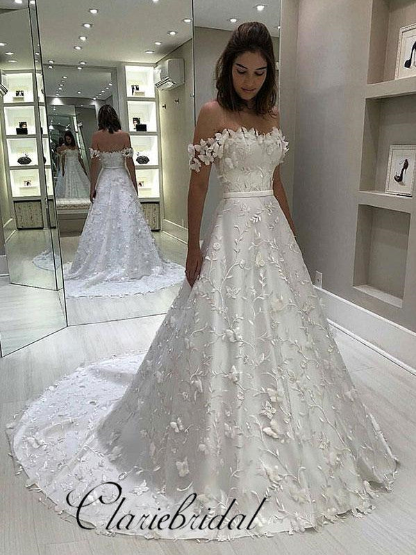 Off Shoulder Lace Satin Wedding Dresses, A-line Wedding Dresses, Brida – ClaireBridal