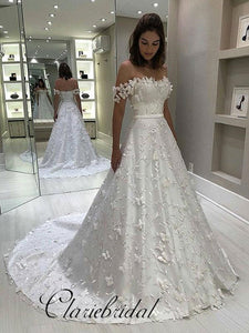 Off Shoulder Lace Satin Wedding Dresses, A-line Wedding Dresses, Bridal Gown