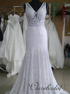V-neck Lace Mermaid Long Wedding Dresses, Simple Wedding Dresses