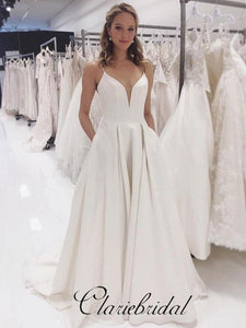 Simple Spaghetti Ivory Satin Wedding Dresses, Long Wedding Dresses, Bridal Gown