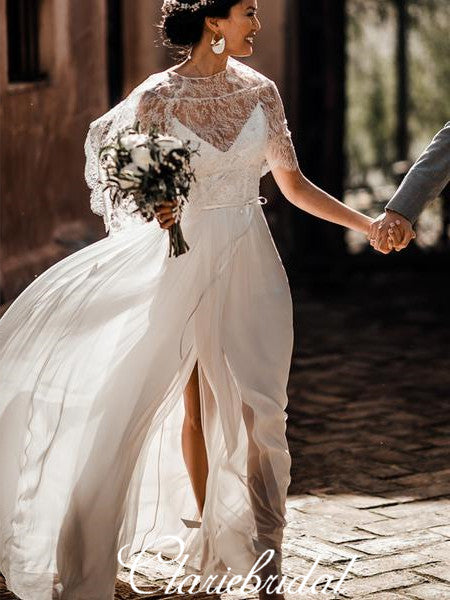 2 Pieces Lace Top A-line Chiffon Side Slit Boho Wedding Dresses ClaireBridal 2 Pieces Lace Top A-line Chiffon Side Slit Boho Wedding Dresses ClaireBridal