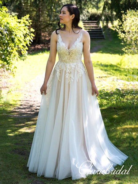 V-neck Lace Tulle Long A-line Wedding Dresses, Bridal Gown, Long Wedding Dresses