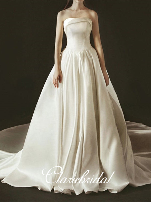 Strapless Ivory Satin Wedding Dresses, Long Wedding Dresses, Bridal Gown, Elegant Wedding Dresses