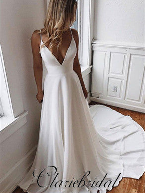 Spaghetti Long A-line V-neck Ivory Chiffon Lace Wedding Dresses, Popular Bridal Gown