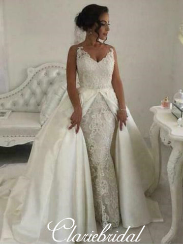 2 Pieces Long Lace Satin Ball Gown Wedding Dresses, Bridal Gown