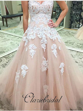 Sweetheart Champagne Tulle Lace Appliques Wedding Dresses