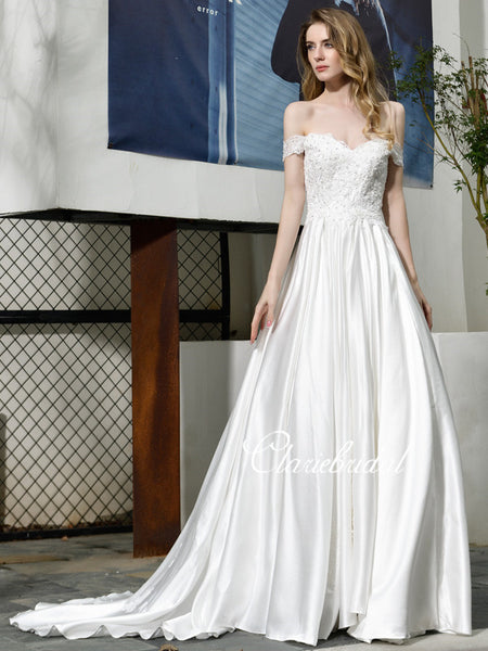 Off Shoulder Long A-line Satin Lace Wedding Dresses, Beaded Wedding Dresses, Long Wedding Dresses