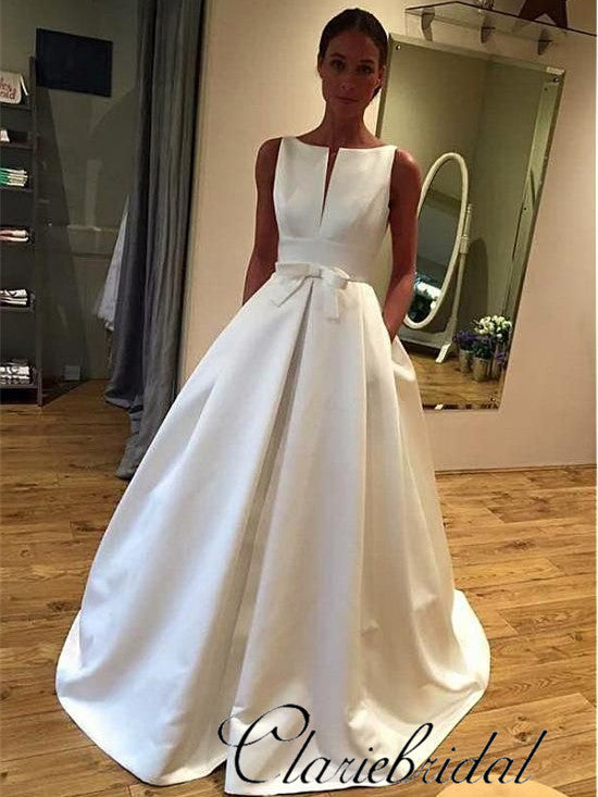 Simple Elegant Satin A-line Wedding Dresses With Bow Knot, Bridal Gown