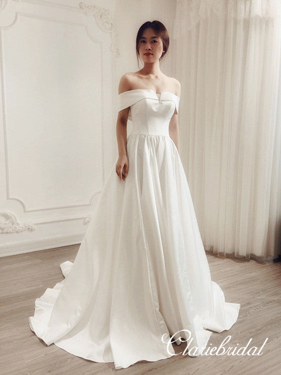 Off Shoulder A-line Ivory Satin Elegant Wedding Dresses