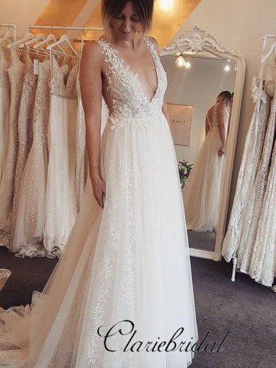 V-neck Lace Appliques Wedding Dresses, Sparkle Wedding Dresses