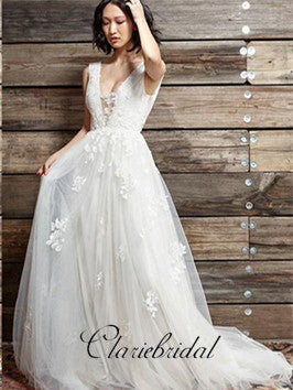V-neck Ivory Tulle Lace Wedding Dresses, Fluffy Wedding Dresses