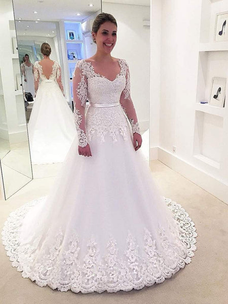 Long Sleeves V-neck Long Sleeves Lace Tulle Wedding Dresses